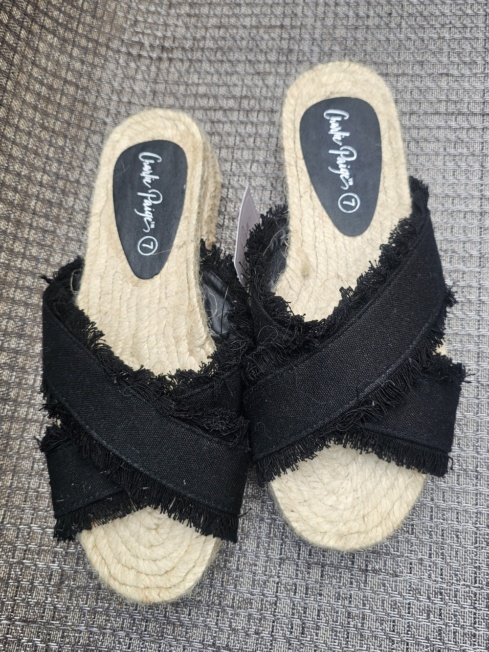 Charlie Paige Black Frayed Cross-Band Espadrille Slides